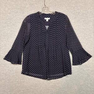 Charter Club Petite Navy Blue Pintuck Bell Sleeve Blouse PS
